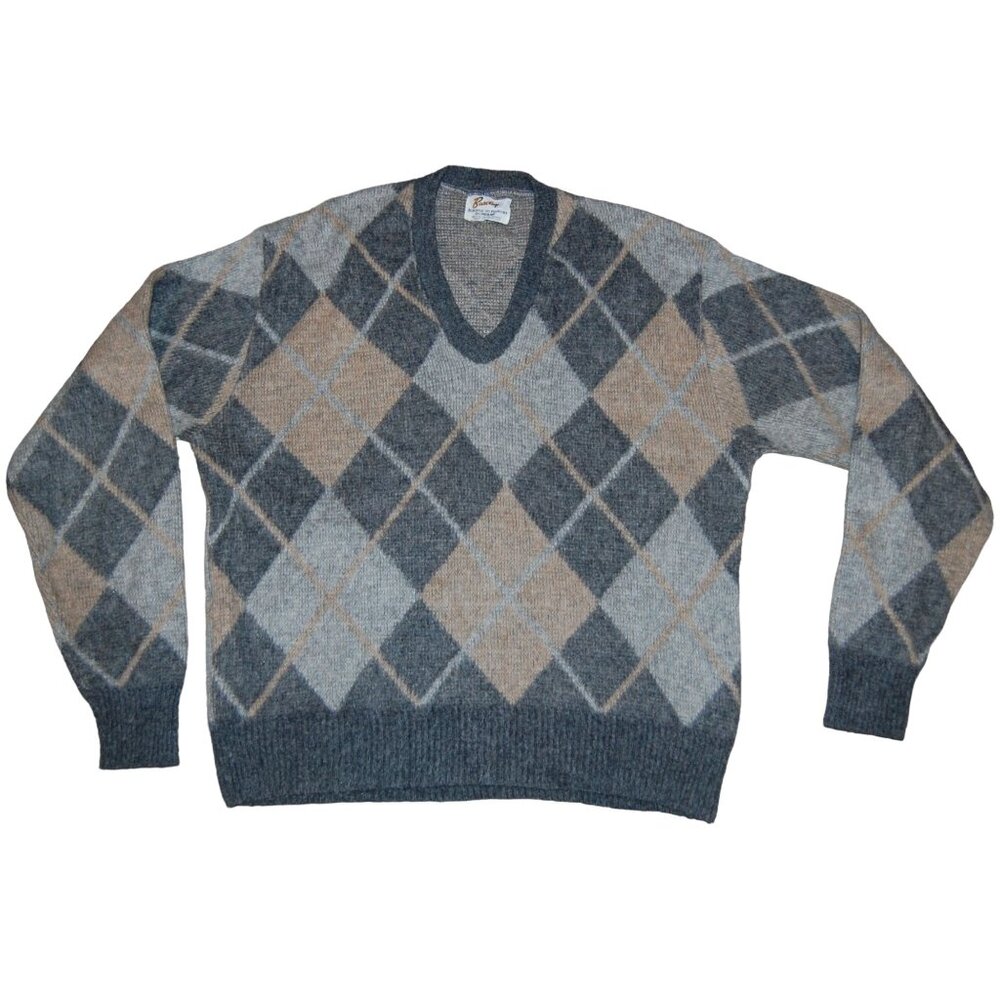 Vintage 1960s Barclay Argyle Acrylic Mohair Knit V Neck Sweater Adult MEDIUM/LAR